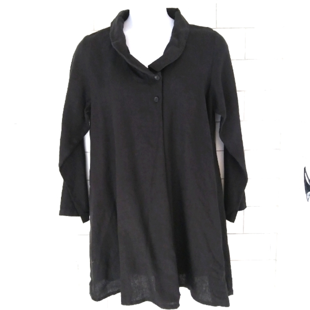 NWT FLAX Black Soft Linen Midi Dress with Unique Shawl Collar Size Medium 10-14